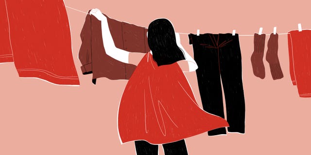 Red, Illustration, Pink, Fashion, Outerwear, Font, Dress, Gesture, Art, Fashion illustration, 