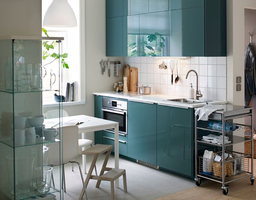 Furniture, Room, Countertop, Cabinetry, Turquoise, Kitchen, Product, Property, Interior design, Shelf, 