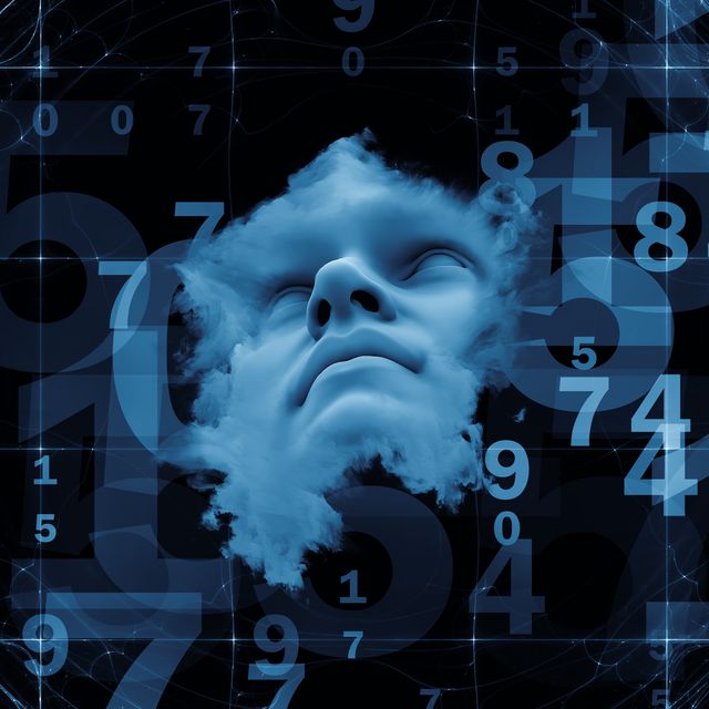 numbers around a phantom face in black and blue