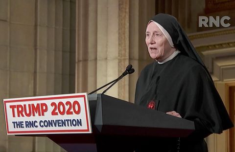 charlotte, nc   august 26  editorial use only in this screenshot from the rnc‚Äôs livestream of the 2020 republican national convention, sister dede byrne, surgeon, military veteran and member of the little workers of the sacred hearts of jesus and mary, addresses the virtual convention on august 26, 2020  the convention is being held virtually due to the coronavirus pandemic but will include speeches from various locations including charlotte, north carolina and washington, dc   photo courtesy of the committee on arrangements for the 2020 republican national committee via getty images