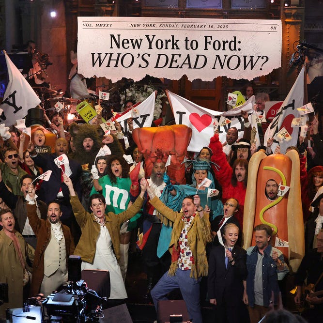 snl50: the anniversary special pictured: (l r) paul shaffer, scarlett johansson, alex moffat, emil wakim, chloe fineman, james austin john, paul rudd, lin manuel miranda, devon walker, taran killem, ana gasteyer, john mulaney, kristen wiig, kenan thompson, pete davidson, maya rudolph, kate mckinnon as rudy giuliani, sarah sherman as michael bloomberg, will forte, jason sudeikis, david spade, adam driver, kyle mooney, cecily strong, beck bennett, and nick jonas on february 16, 2025 (photo by: theo wargo/nbc) snl50: the anniversary special pictured: (l r) paul shaffer, scarlett johansson, alex moffat, emil wakim, chloe fineman, james austin john, paul rudd, lin manuel miranda, devon walker, taran killem, ana gasteyer, john mulaney, kristen wiig, kenan thompson, pete davidson, maya rudolph, kate mckinnon as rudy giuliani, sarah sherman as michael bloomberg, will forte, jason sudeikis, david spade, adam driver, kyle mooney, cecily strong, beck bennett, and nick jonas on february 16, 2025 (photo by: theo wargo/nbc)