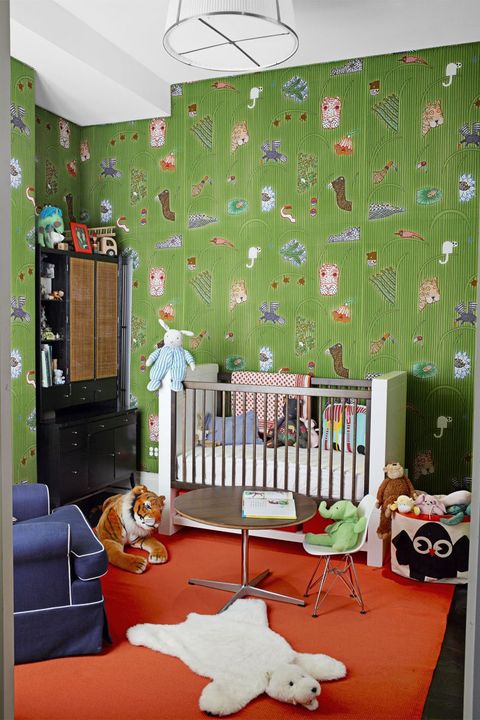 Green, Room, Wallpaper, Interior design, Wall, Product, Nursery, Tree, Furniture, Ceiling, 