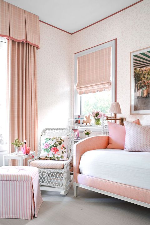 Furniture, Room, Pink, Interior design, Curtain, Bedroom, Property, Living room, Window covering, Bed, 