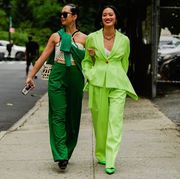 Green, Clothing, Street fashion, Yellow, Fashion, Suit, Pantsuit, Trousers, Outerwear, Road, 