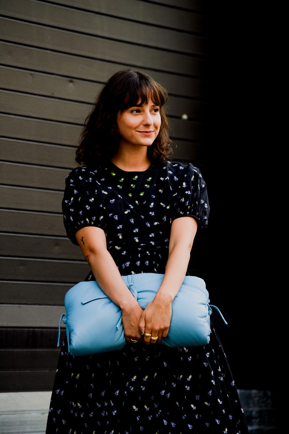 Blue, Black, Shoulder, Sitting, Pattern, Beauty, Polka dot, Fashion, Design, Photo shoot, 