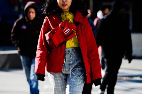 Red, Street fashion, Fashion, Outerwear, Jacket, Ice skating, Coat, Winter, Recreation, Jeans, 