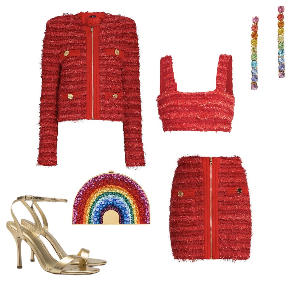 balmain red tweed crop top, skirt, and matching jacket  judith leiber couture rainbow crystal embellished gold tone clutch oscar de la renta gold tone crystal earrings in rainbow larroudé nyx sandal in gold metallic leather