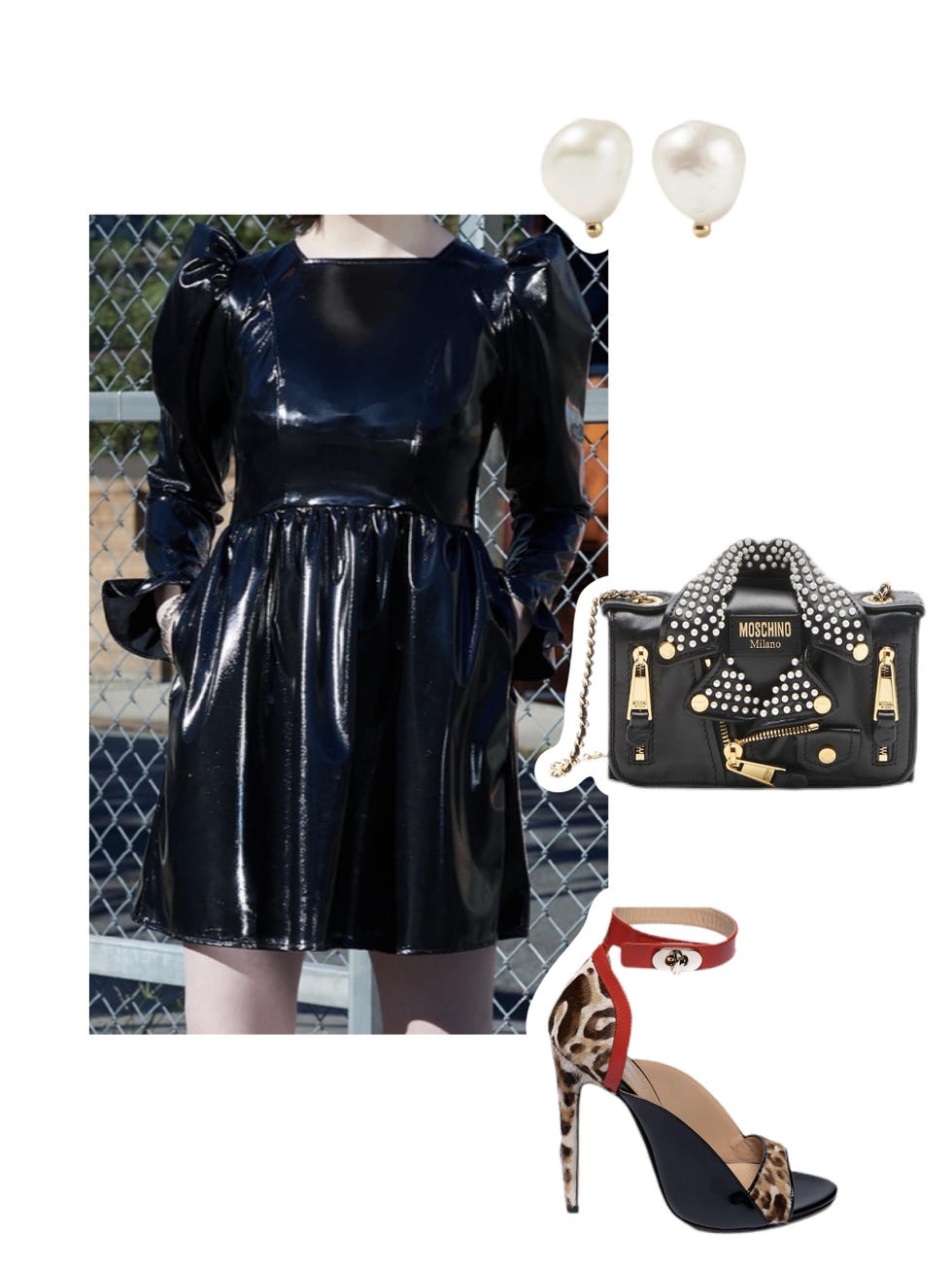 batsheva mini prairie dress in black pvc moschino pearls biker bag in black agnes bethel leopard, black, and red open toe heel wwake gold pearl earrings