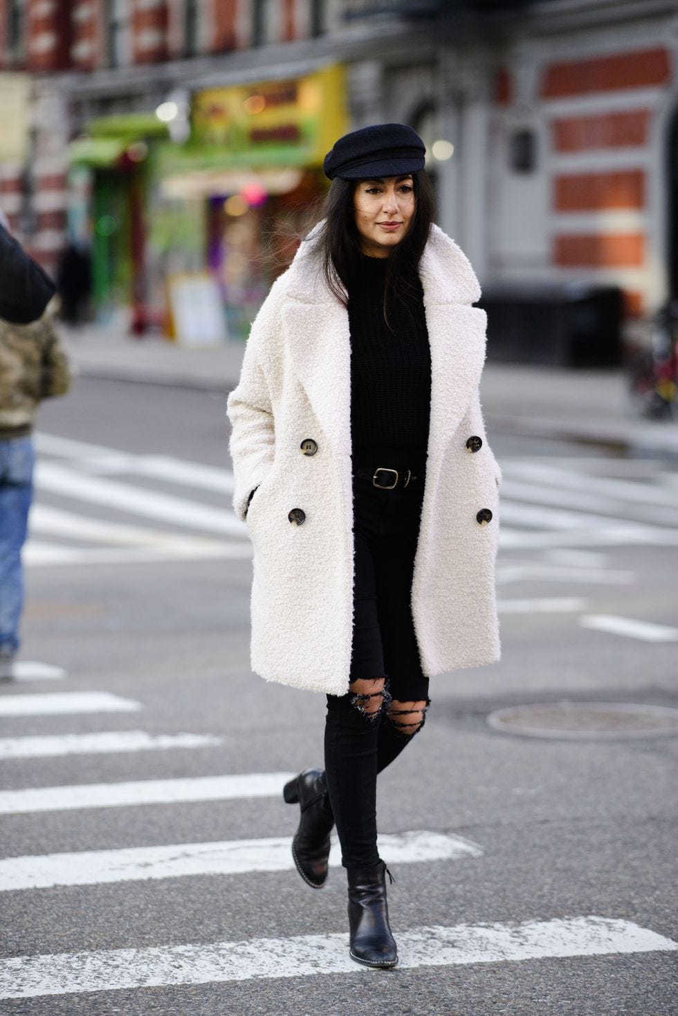 Clothing, White, Street fashion, Photograph, Coat, Fashion, Snapshot, Footwear, Outerwear, Knee, 