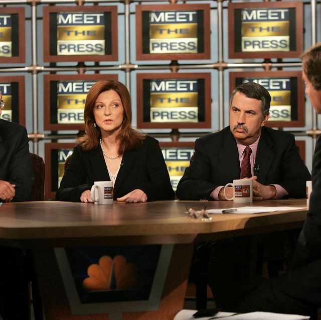 washington   september 25  l r  new york times columnists david brooks, maureen dowd and thomas friedman speak with moderator tim russert on nbc's "meet the press" during a taping at the nbc studios september 25, 2005 in washington, dc broussard spoke about the aftermath of hurricanes katrina and rita  photo by win mcnameegetty images for meet the press