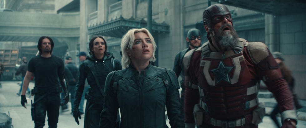 (de gauche à droite) Bucky Barnes (Sebastian Stan), Ghost (Hannah John Kamen), Yelena Belova (Florence Pugh), John Walker (Wyatt Russell) et Red Guardian/Alexei Shostakov (David Harbour) dans Thunderbolts* de Marvel Studios. Photo avec l'aimable autorisation de Marvel Studios. © 2024 Marvel.