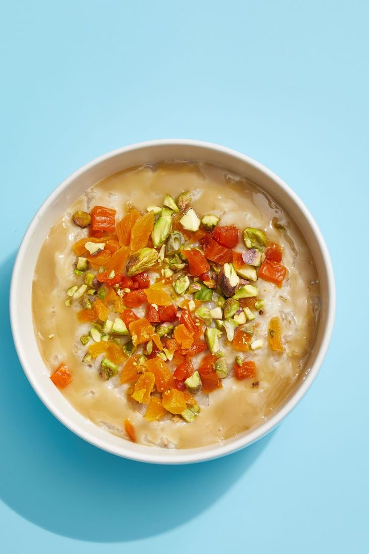 oatmeal with apricots and pistachios in a bowl