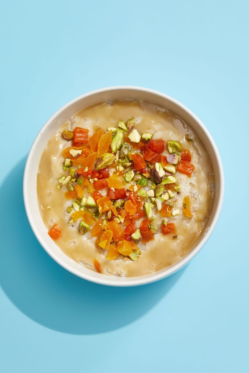 oatmeal with apricots and pistachios in a bowl