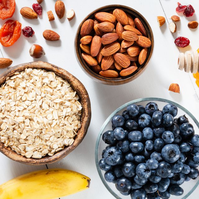 oatmeal, blueberries, almonds and honey for cooking breakfast porridge