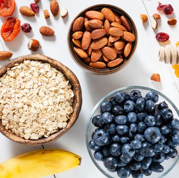 oatmeal, blueberries, almonds and honey for cooking breakfast porridge