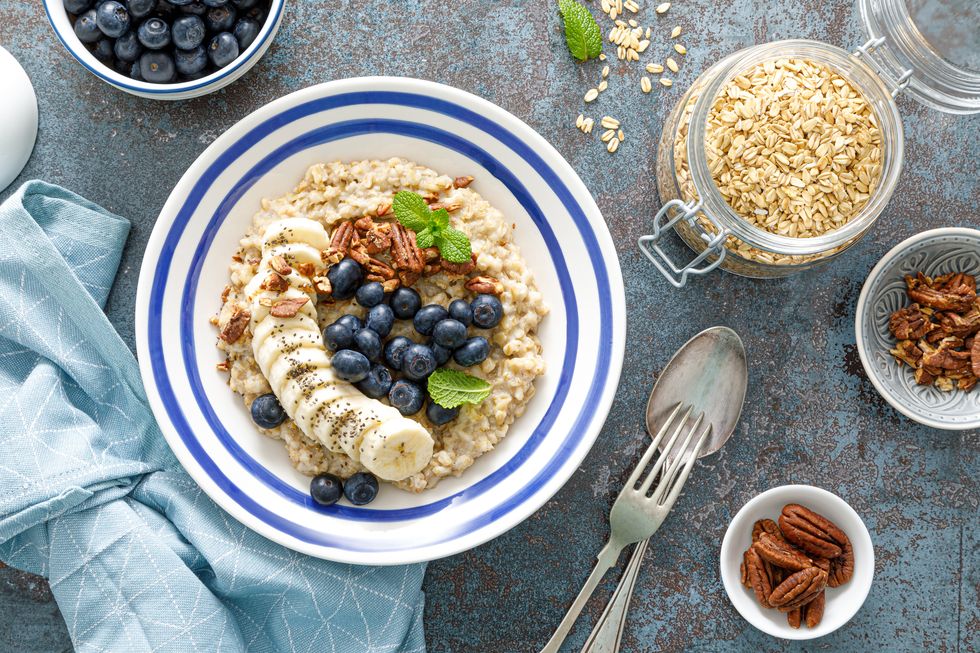 oatmeal with fresh blueberries and pecans and banana