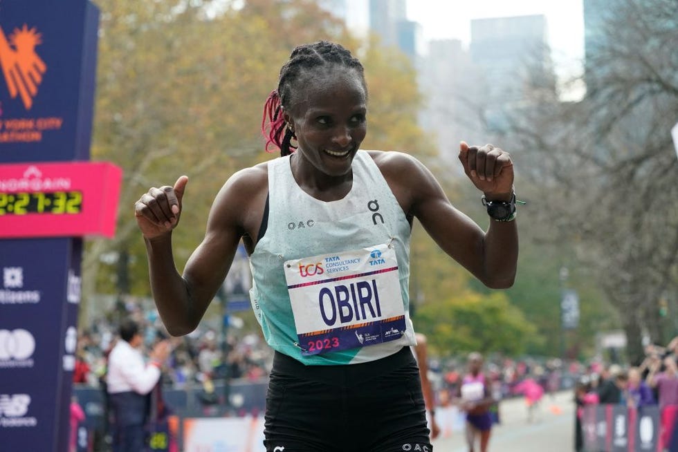 kenyas hellen obiri celebrates winning the 52nd edition of the new york city marathon on november 5, 2023 photo by timothy a clary afp alternate crop photo by timothy a claryafp via getty images