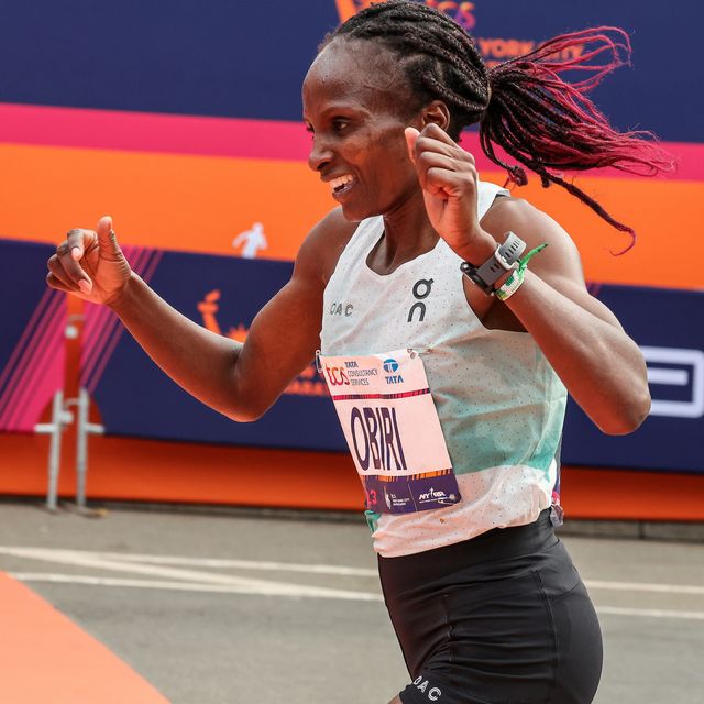 helen obiri crosses the finish line to win the 2023 new york city marathon