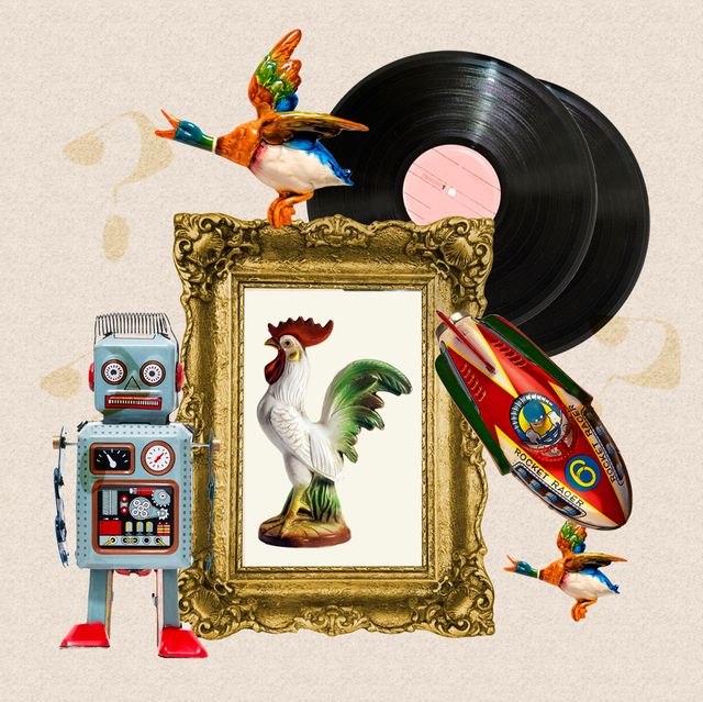 array of collectable items robot ceramic rooster vinyl records