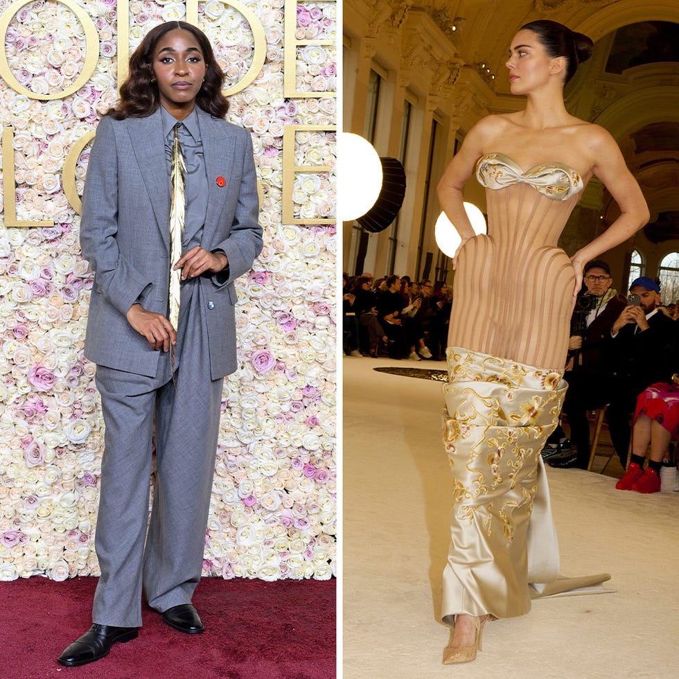 two fashion looks displayed at an event