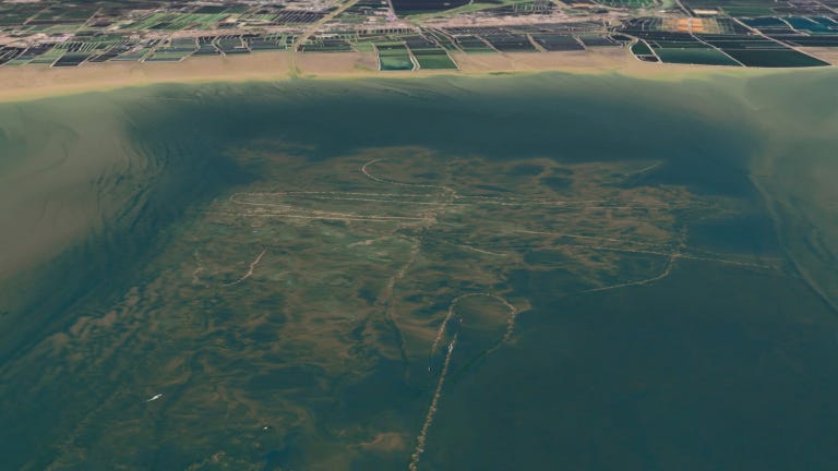 een luchtfoto van de effecten van bodemberoerende visserij op de zeebodem.