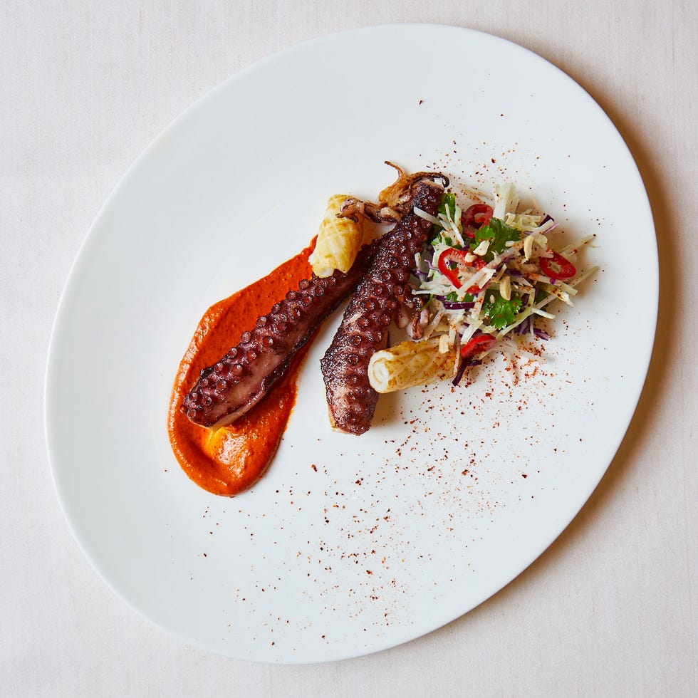 grilled octopus on a white plate with sauce and a side salad