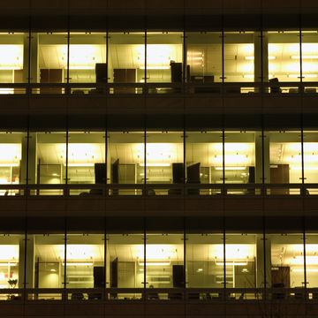 office building exterior, night