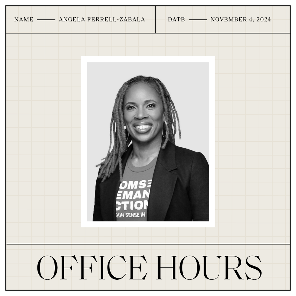 a photo of angela ferrell zabala with her name and date above and the office hours logo below