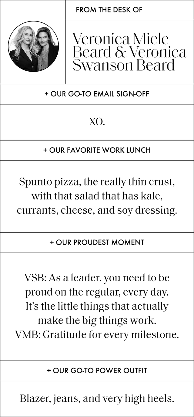a q and a that reads our go to email sign off xo our favorite work lunch spunto pizza, the really thin crust, with that salad that has kale, currants, cheese, and soy dressing our proudest moment vsb as a leader, you need to be proud on the regular, every day it’s the little things that actually make the big things work vmb gratitude for every milestone our go to power outfit blazer, jeans, and very high heels