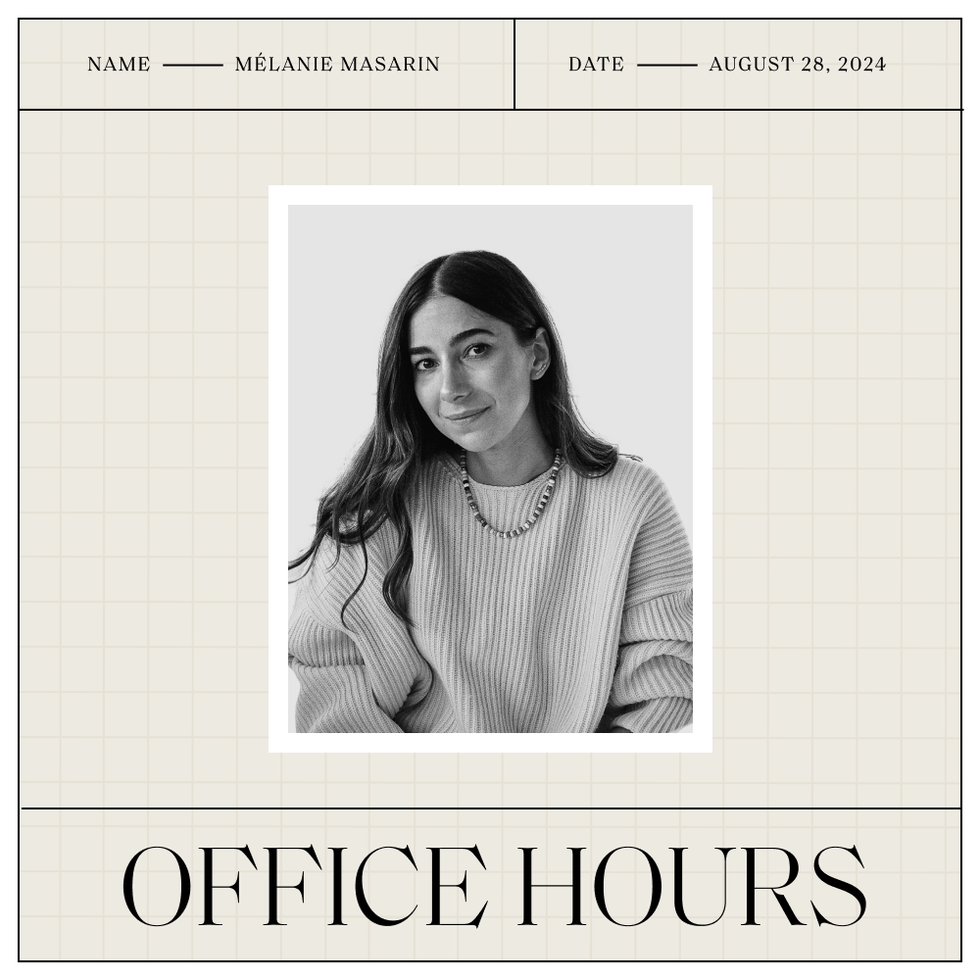 a photo of melanie masarin with the office hours logo below and her name and the date above