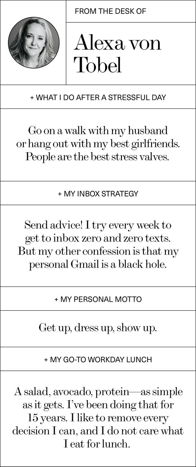 a personal note outline describing stress relief activities email management strategies personal motto and a simple workday lunch