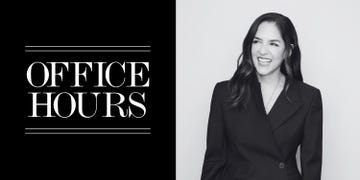 a professional image featuring the phrase office hours alongside a figure dressed in a blazer