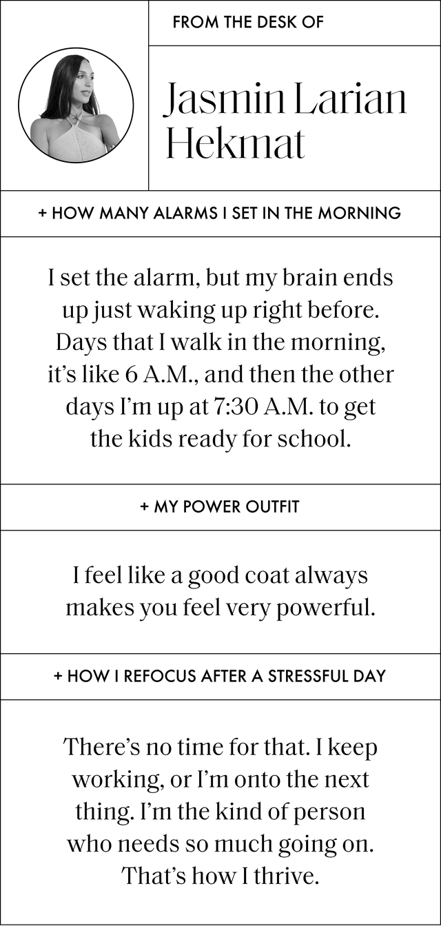 aq and a, which read how many alarm clocks I set in the morning. I set the alarm, but my brain ends up waking up just before it. On days I go in the morning it's around 6am, and on the other days I'm up at 7:30am to get the kids ready for school, my snack for the work day. I love grilled chips dipped in yogurt when I'm pregnant, that's what I crave the most. My power outfit, I feel like a good coat always makes you feel good. Powerful as I refocus after a stressful day. There's no time for that. I keep working or I'm ready for the next thing. I'm the kind of person who needs so much variety. This is where I thrive