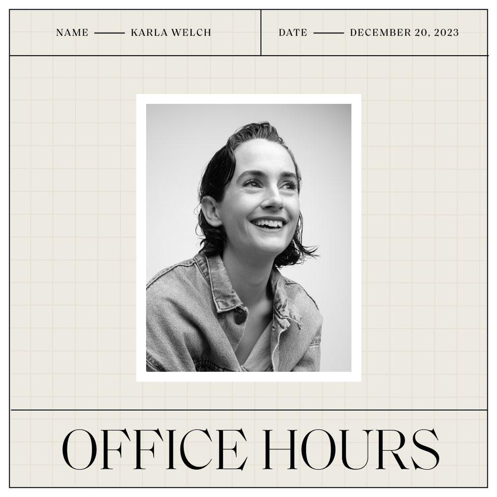 a black and white headshot of karla welch with her name and date above and the office hours logo below