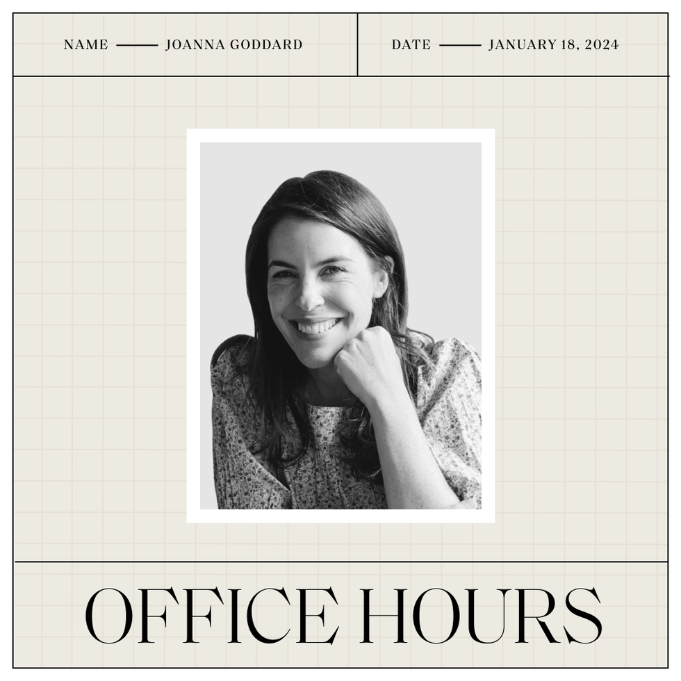 a black and white headshot of joanna goddard with her name and the date above and the office hours logo below