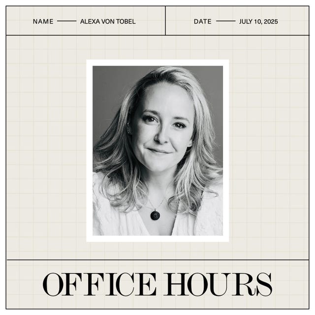 a portrait of alexa von tobel with her name and the date above and the office hours logo below