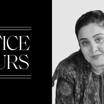 a black and white photo of sara shakeel on the right and the office hours logo on the left