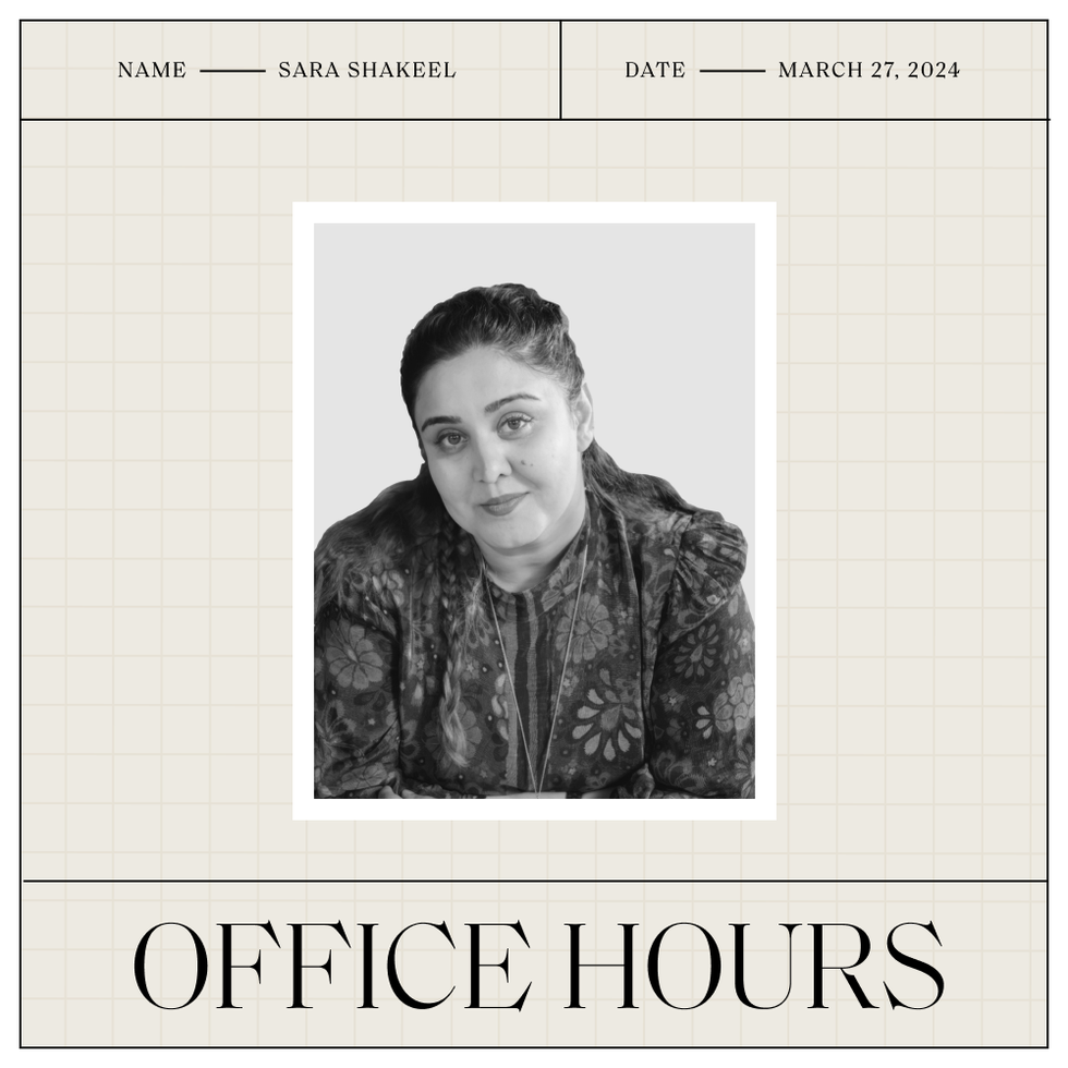 a photo of sara shakeel with her name and the date above and the office hours logo below