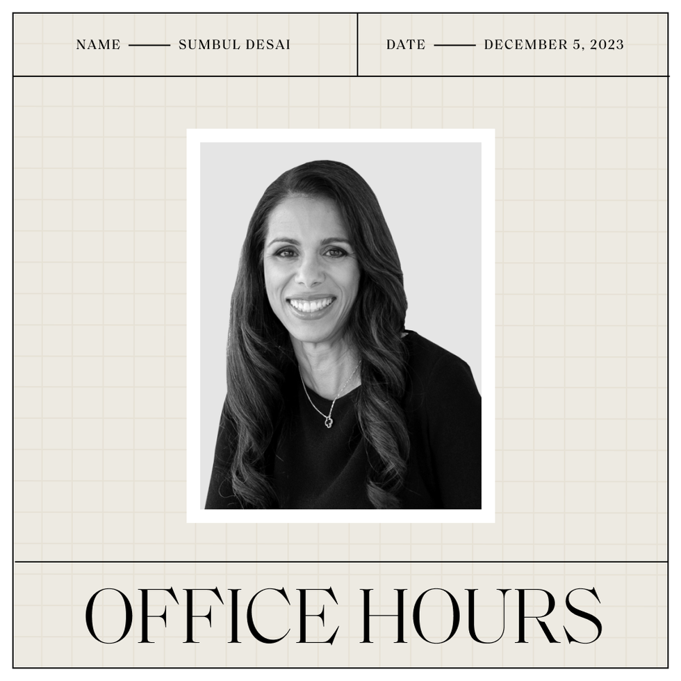 a headshot of sumbul desai with her name and the date above and the office hours logo beneath