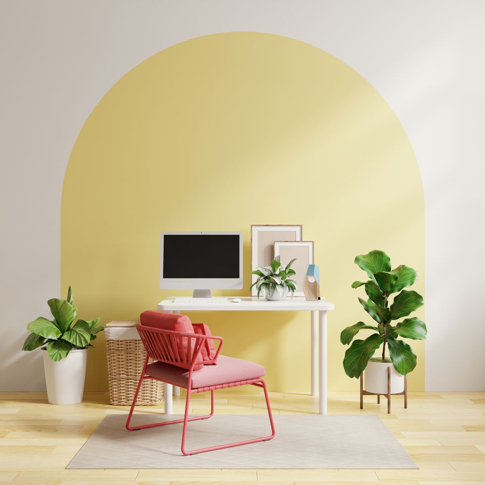 office room with a two tone and pastel background.