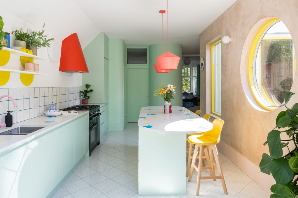 a kitchen with a table and chairs colourful modern london