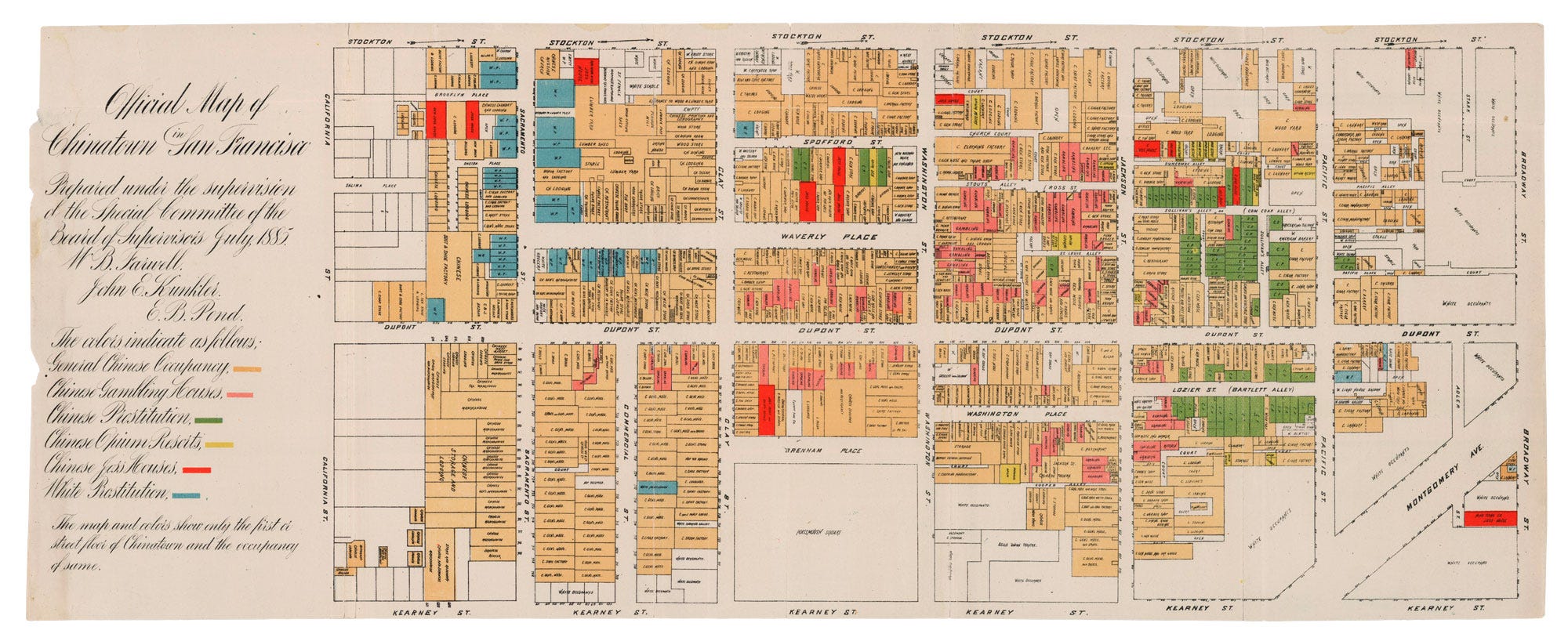 official map of chinatown in san francisco, 1885, by willard b farwell et al