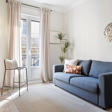 Salón con sofá azul y silla metálica negra salón con sofá azul y silla metálica negra