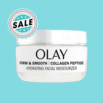 olay firm and smooth collagen peptide facial moisturizer in front of a blue background with a sale sign