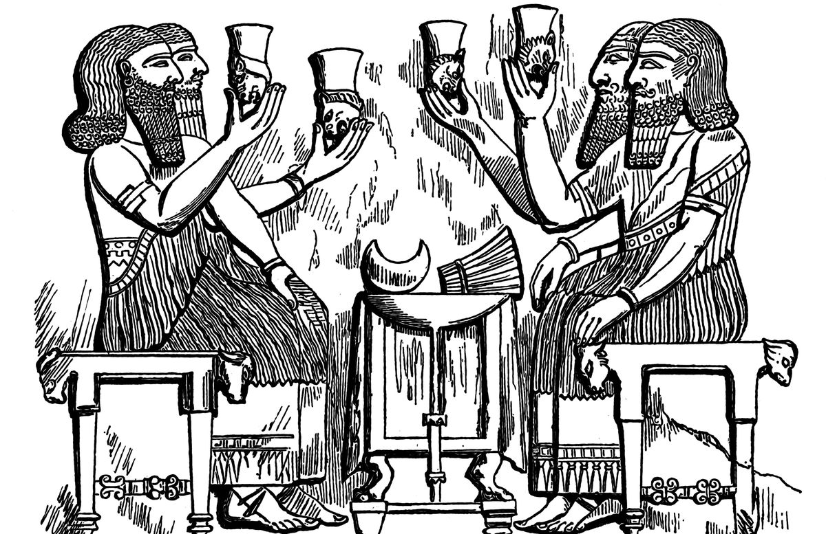 old engraved illustration of courtiers hoist tankards of beer in the palace at palace of sargon ii of assyria at dur sharrukin, khorsabad, iraq