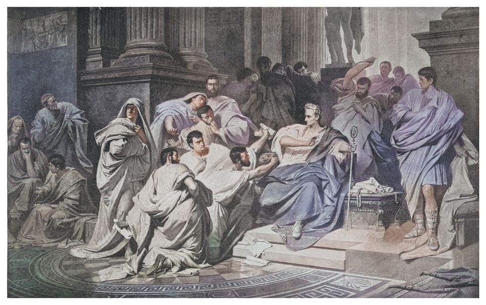 old engraved illustration of death of julius caesar, ides of march
