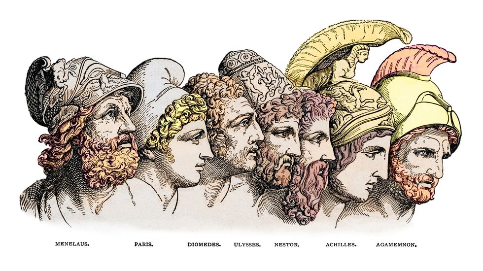 old engraved illustration of trojan war heroes menelaus, paris, diomedes, odysseus, nestor, achilles, agamemnon
