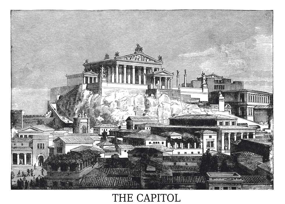 old engraved illustration of visual reconstruction of the temple of jupiter optimus maximus at olympia in ancient rome