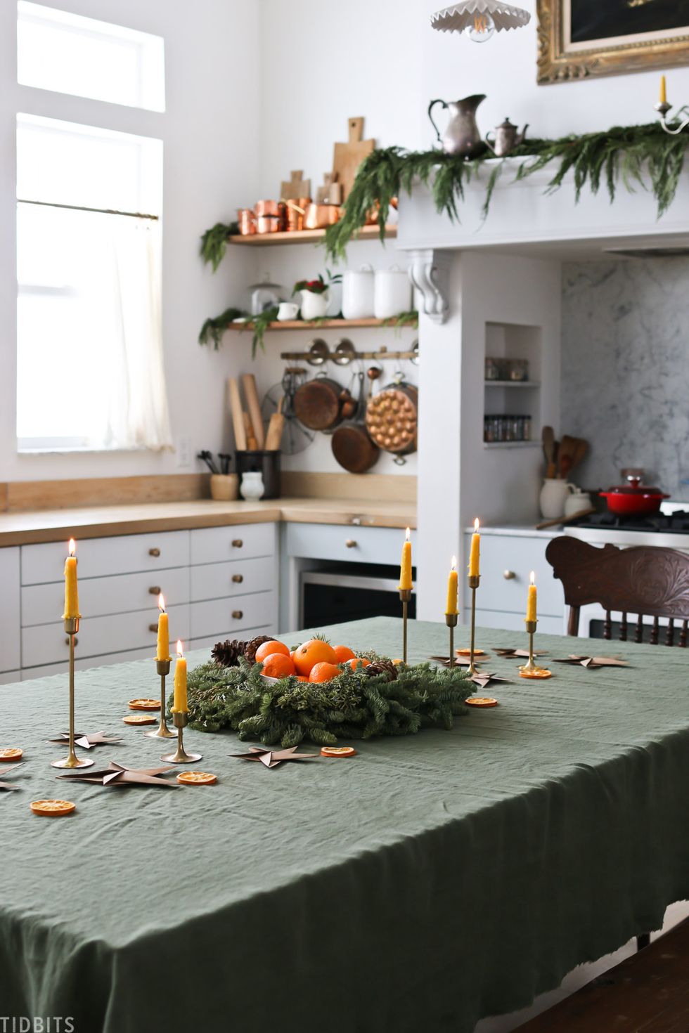 green table clothes and handmade candles