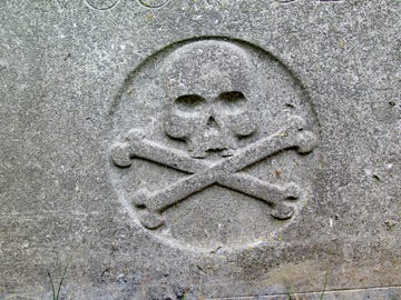 old skull and crossbones on an abandoned grave in brussels